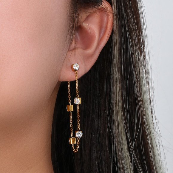 18K Gold Plated Chic Geometric Zircon Chain Drop Earrings Stainless Steel - Picture 3 of 9
